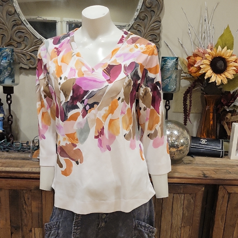 Chico's Fancy Flight 3/4 Print Tee In Alabaster